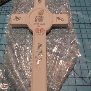 Precious Moments White Cross Wall Plaque with Pink Accents